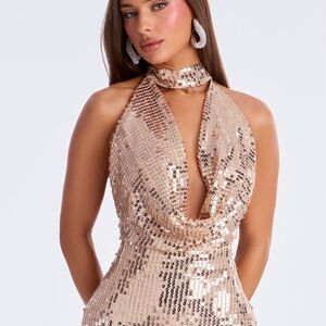 Fashion Nova Gold Sequin Backless Dress